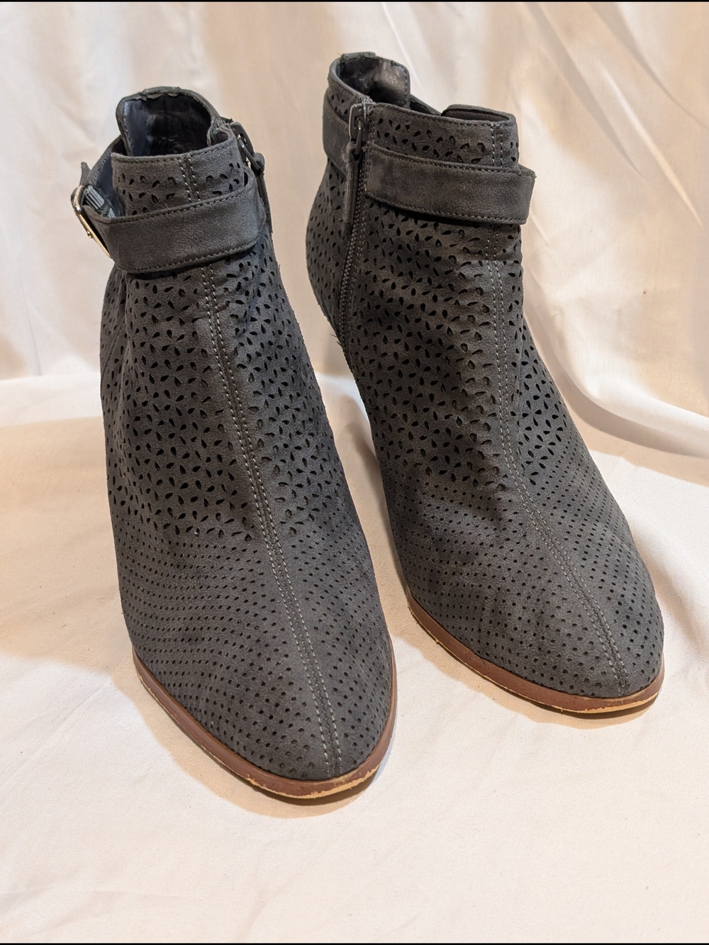 Violet & Red Perforated Ankle Booties in Grey Suede with Buckle Strap
